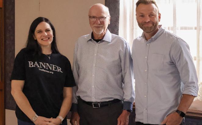 Lora Copley, left, stands with Connect CRC interim pastor Will Verhoef and former pastor Brad Meinders