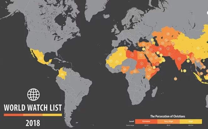 2018 World Watch List compiled by Open Doors of Top 50 countries where Christians are most persecuted. 