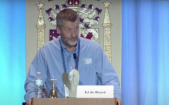 EJ de Waard, RCA General Synod president, presides over debates on the Vision 2020 Report, Oct. 17, 2021. (Image from video recording of the plenary session.)
