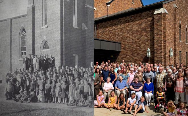 In 1935 (left) and 2021, the congregation of First CRC in Waupun, Wisc., gathers in front of its church building.