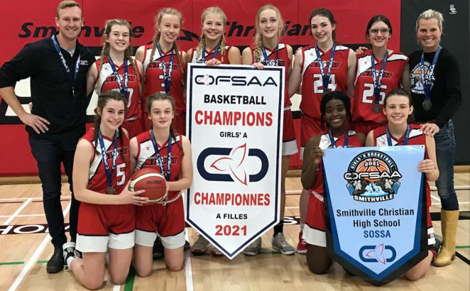 Smithville Christian High School girls’ basketball team after their November 27 victory. (Photo courtesy OFSAA.)