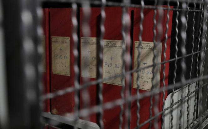 The Vatican’s apostolic library on Pope Pius XII opened to researchers on March 2, 2020. This photo of folders marked “Pius XII," seen through a grating, was taken during a guided tour for media of the Vatican library Feb. 27, 2020.