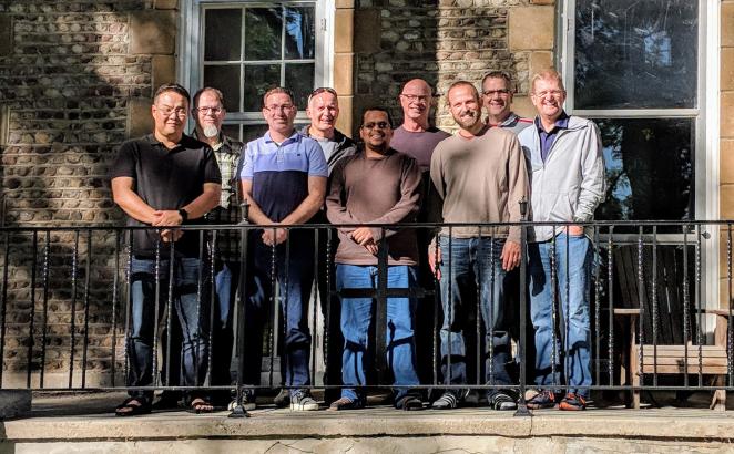 Church planters (L to R)  James Lee, Joel Kiekinveld, Allen Pontarelli, John Vanderstoep, Juan Sierra, Shawn Sikkema, Mark VanAndel, Jeff Heerspink, and Kevin Adams at the first gathering of the Cultivate Spiritual Formation Retreat, September, 2018. The Cultivate training is part of the new approach to supporting church planters.