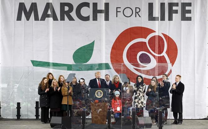 President Donald Trump speaks at the "March for Life" rally, Friday, Jan. 24, on the National Mall in Washington. 