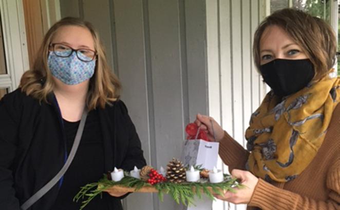 Dianne Kwantes-Mazari (right) delivers an advent package to Mairin, a friend in the Friendship Ministry in Abbotsford, B.C. 