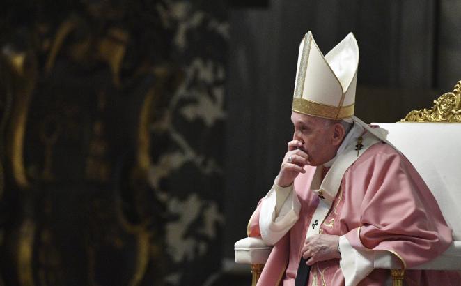 Pope Francis celebrates mass on the occasion of 500 years of Christianity in the Philippines, in St. Peter's Basilica, at the Vatican, Sunday, March 14, 2021.