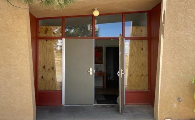 The front entrance of Crownpoint (N.M.) CRC was damaged in a break-in.
