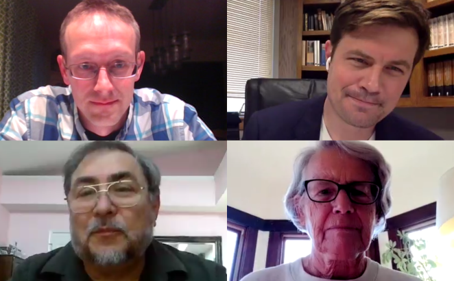 The officers of Synod 2022 as elected during the video conference meeting May 25, clockwise from lower left: Rev. Jose Rayas, Rev. Aaron Vriesman,  Rev. Derek Buikema, and deacon Luann Sankey.