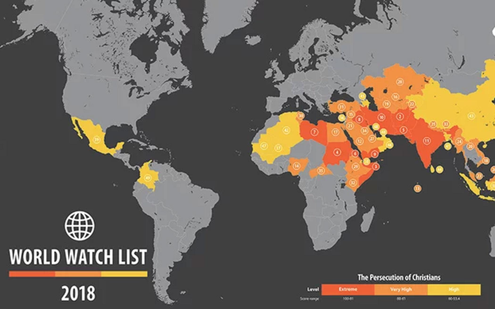 2018 World Watch List compiled by Open Doors of Top 50 countries where Christians are most persecuted. 