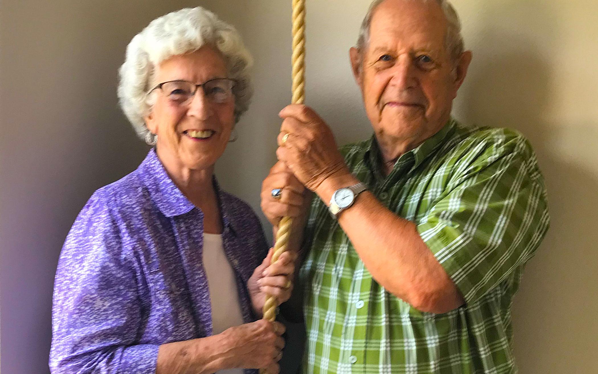 First CRC in Orange City, Iowa, has the only active church bell in the city. Henry and Joyce Dysktra were two of the congregation members who shared in ringing it a total of 150 times July 14.