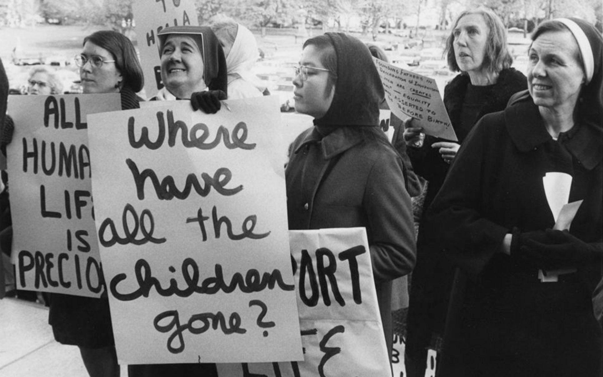 Several teaching nuns from Maryland communities carry placards as they participate in an anti-abortion rally at the east front of the Capitol Building in November 1971, in Washington. RNS archive photo. Photo courtesy of the Presbyterian Historical Society.