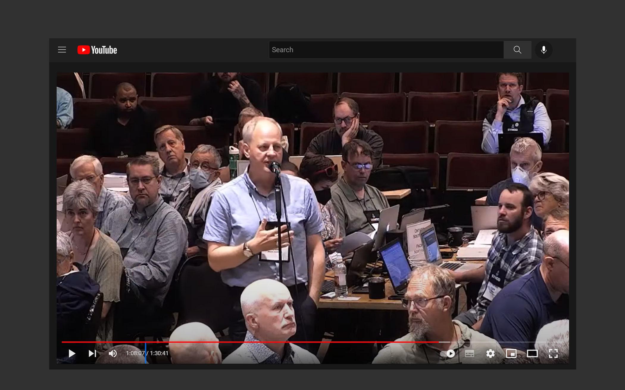 Delegate Peter Hoytema, Ontario Southwest, in the portion of video that was restored, questions why the live record tweeted out the motion, with names, before it was ruled out of order.