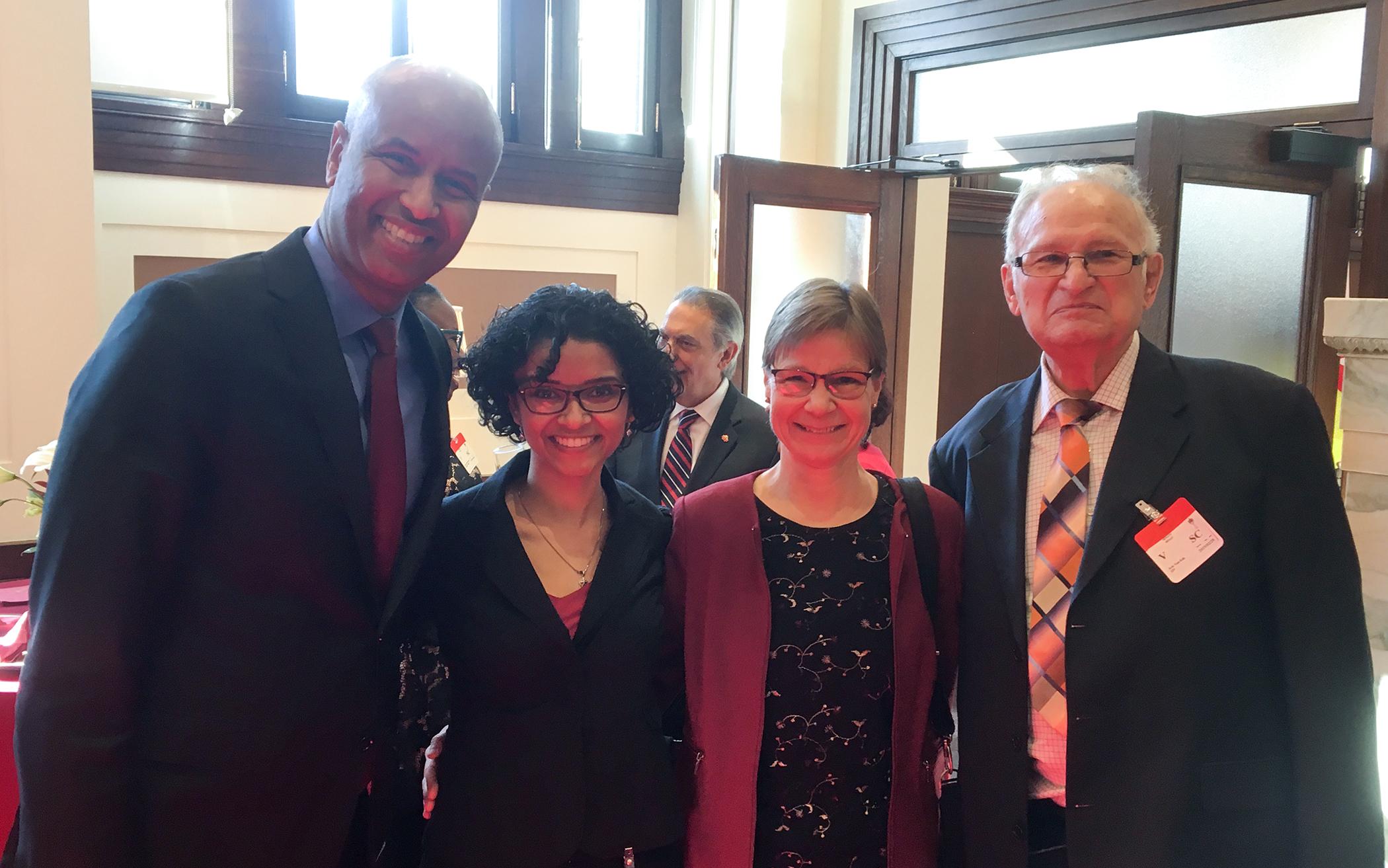 : (L to r): Ahmed Hussen, Minister of Immigration, Refugees, and Citizenship with CRC representatives Kathryn Ali and Rebecca Walker, World Renew's Refugee Program, and Arie Van Eek, former executive secretary of the then Council of Christian Reformed Churches in Canada,1978-1999.