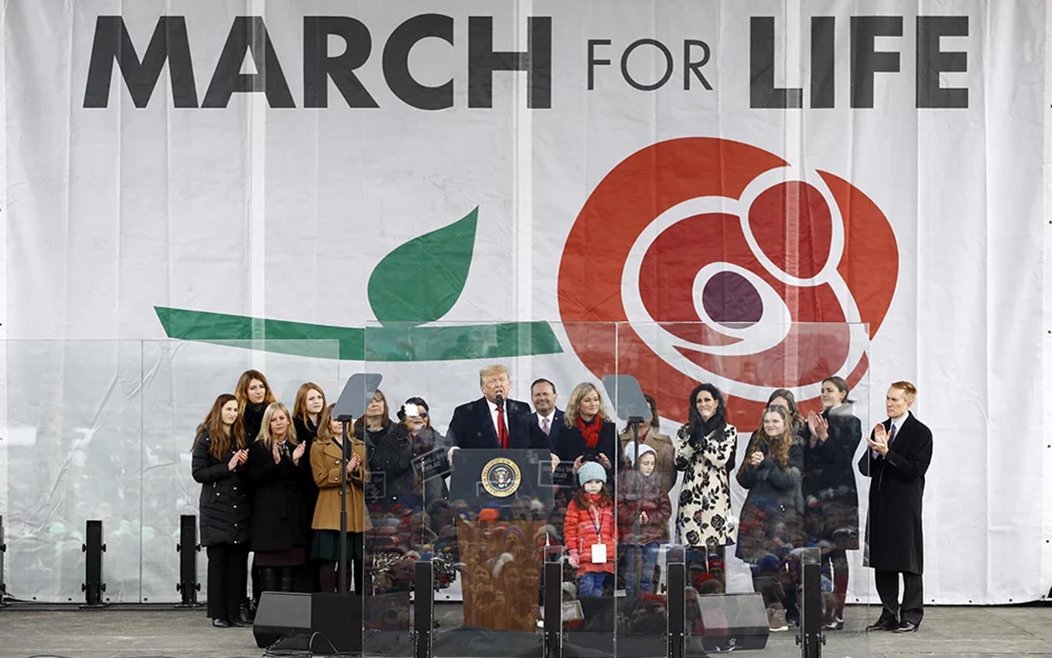 President Donald Trump speaks at the "March for Life" rally, Friday, Jan. 24, on the National Mall in Washington. 