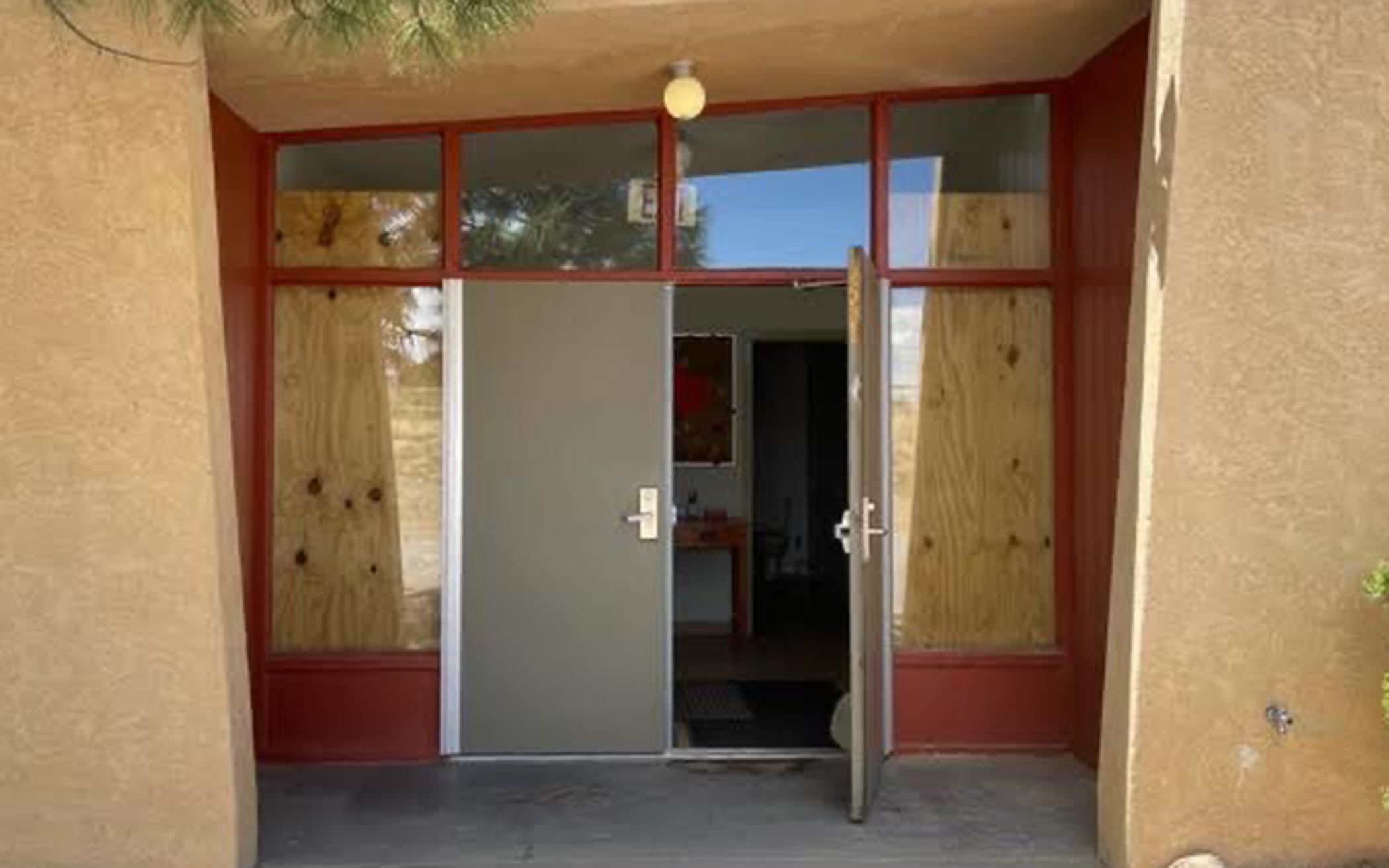 The front entrance of Crownpoint (N.M.) CRC was damaged in a break-in.
