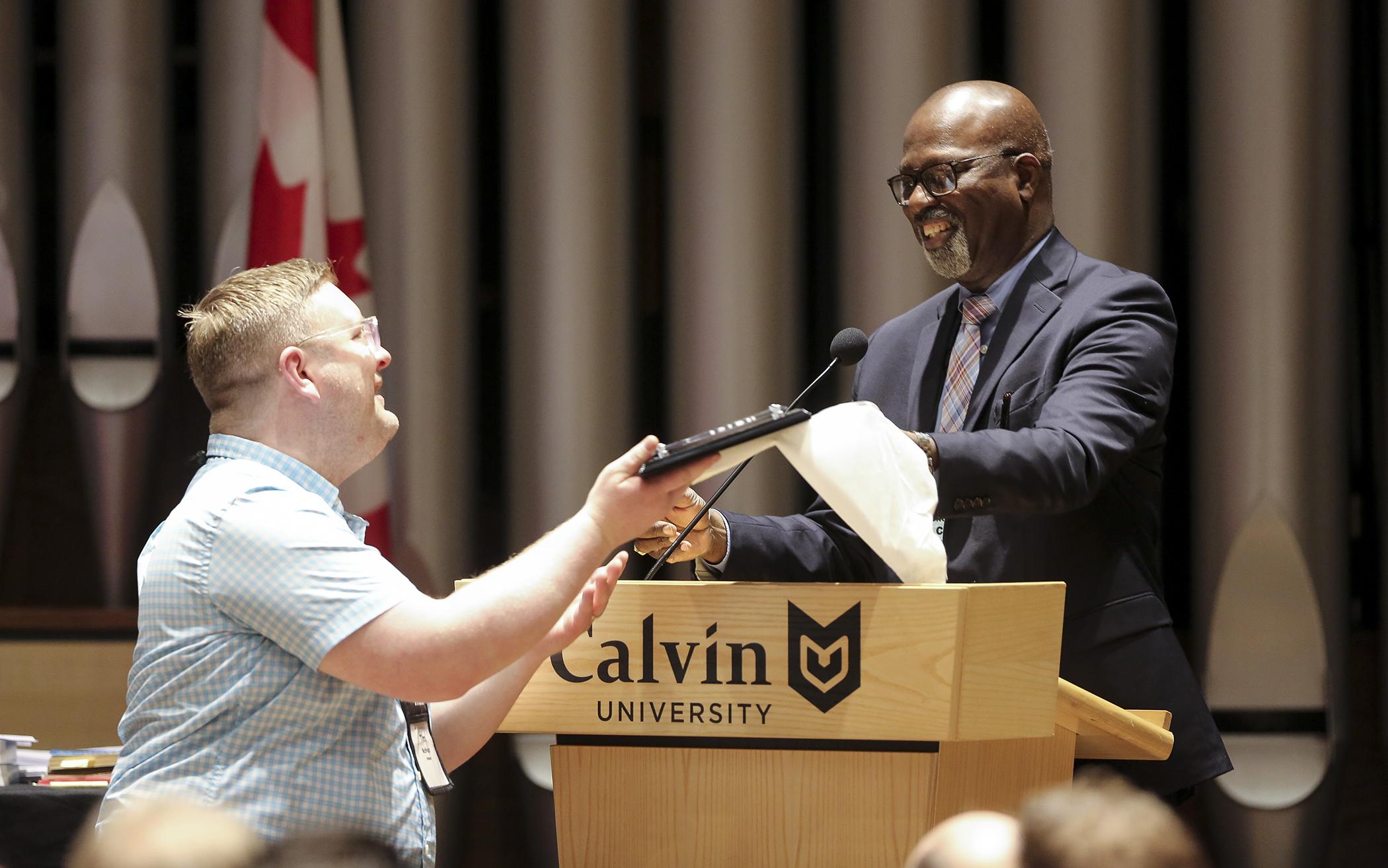  Executive director Colin Watson Sr. presented commemorative plaques for Vogel Center CRC in McBain, Mich., Midland Park (N.J.) CRC, and East Side CRC in Warrensville Heights, Ohio—all of which are celebrating 150 years.